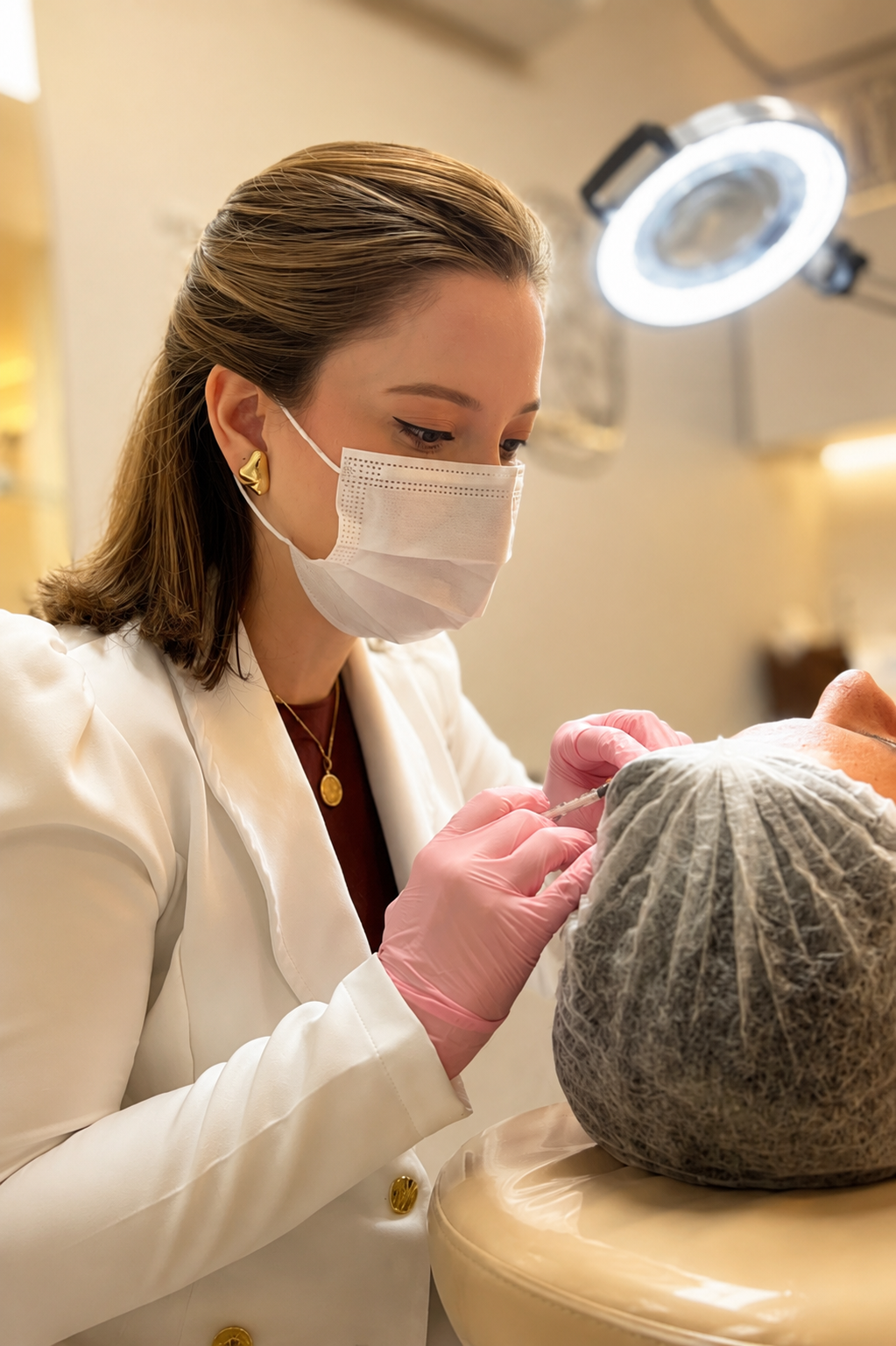 Dra. Lara Paixão realizando aplicação estética injetável